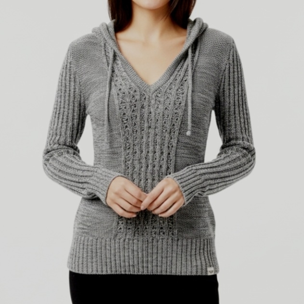 Roxy Long Sleeve V-Neck Hooded Charcoal Grey Knit Sweater - Size XS
